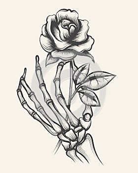 Skeleton hands with rose flower