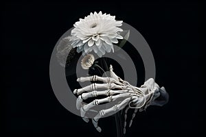 The skeleton of a human hand holds flowers on a black background