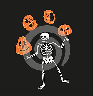 Skeleton juggles pumpkins. Greeting card for Halloween. Cute and funny vector design