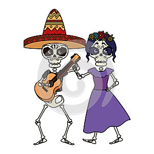 Skeleton of katrina and mariachi playing guitar characters