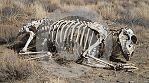 The skeleton of a large animal its bones bleached white and tered in the parched grass. It is a sad reminder of the