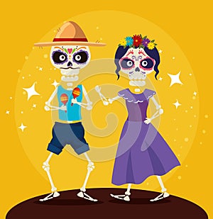 Skeleton man with hat and catrina dancing to event