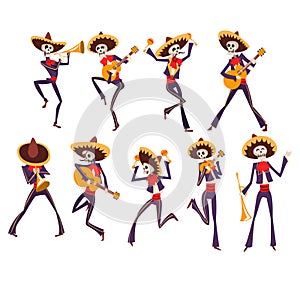 Skeleton in Mexican national costumes dancing and playing guitar, trumpet, maraca, Dia de Muertos, Day of the Dead
