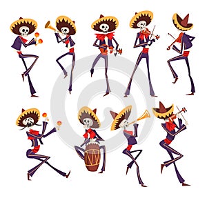Skeleton in Mexican national costumes dancing, playing violin, trumpet, drum, Dia de Muertos, Day of the Dead vector photo