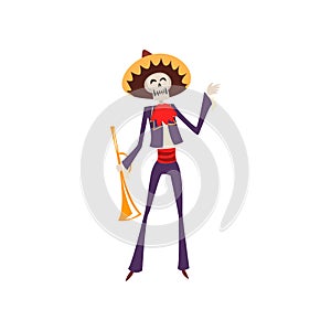 Skeleton in Mexican traditional costume and hat with trumpet, Dia de Muertos, Day of the Dead vector Illustration on a