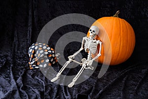 Skeleton, orange pumpkin, and a pumpkin pattern face mask on a black velvet background