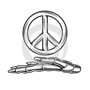 Skeleton peace hand line art vintage tattoo or print design vector illustratio photo