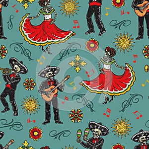 Skeleton performers vintage seamless pattern