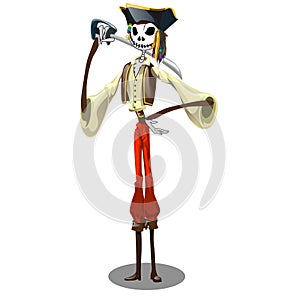 Skeleton of pirate with black cocked hat isolated on a white background. Ghost of a pirate. Vector illustration close-up