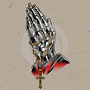 Skeleton praying hands with rosary