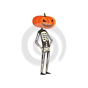 Skeleton with a pumpkin on his head, funny person at carnival party or masquerade vector Illustration on a white