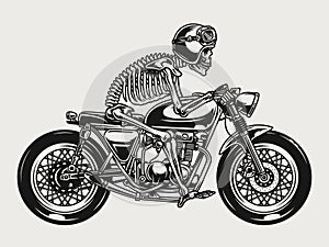 Skeleton racer riding brat style motorcycle