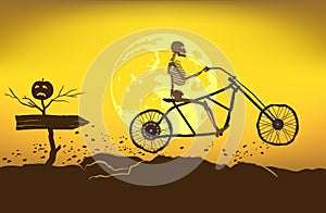 The skeleton rides a motorcycle frame on a bad road to the Halloween.