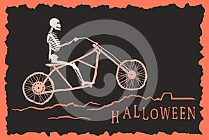 The skeleton rides by motorcycle frame on bad road to the Halloween.