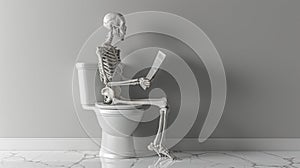 A skeleton sitting on a toilet reading while holding a book, AI