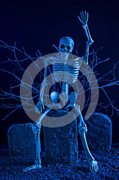 Skeleton sitting on a tombstone