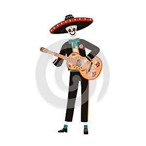 Skeleton in sombrero playing guitar for El Dia de los Muertos, Mexican Day of Dead. Mexico Mariachi character in hat at