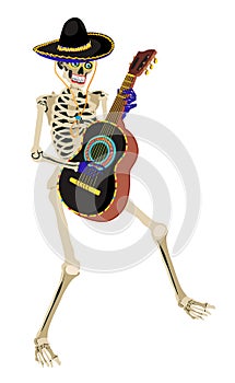 Skeleton in sombrero playing guitar. Vector isolated illustration