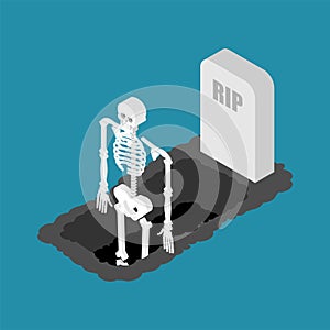 Skeleton stand up from grave. Death vector illustration