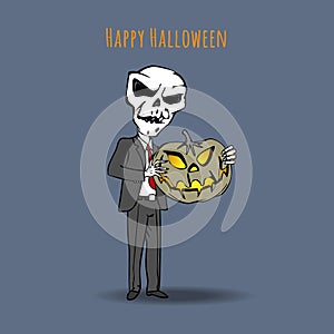 Skeleton in a suit and a tie with an evil pumpkin. Happy Halloween.