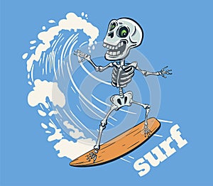 Skeleton surf on big wave cool summer t-shirt print. Skull bones ride surfboard. Surf slogan