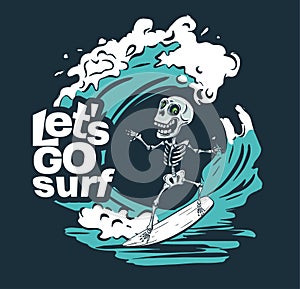 Skeleton surfer adventure cool summer t-shirt print. Skull bones ride