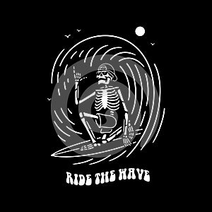 SKELETON SURFER RIDE THE WAVE WHITE BLACK