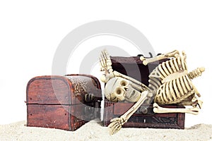 Skeleton in a treasure chest on pile sand isolated on white back
