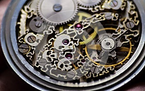 Skeleton of vintage handmade antique mechanical pocket watches, clockwork old mechanical watch, high resolution and detail, winter