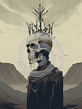 A skeleton wearing a crown of thorns hovering menacingly above a desolate landscape. Gothic art. AI generation photo