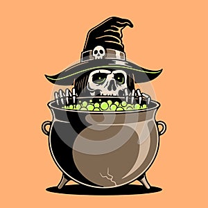 SKELETON WITCH PREPARING A POTION IN A CAULDRON COLOR