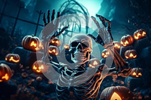 Skeleton zombie rising from a graveyard. Halloween pumpkins illuminated in a dark spooky cemetery at night. Generative AI