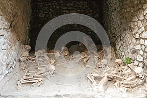 Skeletons in  boathouses in Ancient Ercolano (Herculaneum) city ruins