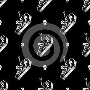 SKELETONS IN COFFIN PARTY SEAMLESS PATTERN BLACK