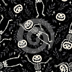 Skeletons with pumpkin head waving on black background. Seamless pattern for Halloween or Day of Dead.