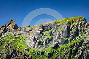 Skellig Michael island and monks hermitage with stone igloo houses, where Star Wars were filmed