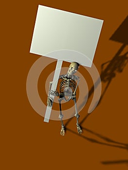 Skelton holding up a blank sign