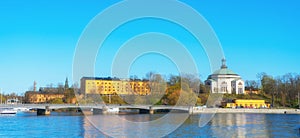 Skeppsholmen central district. Stockholm capital of Sweden. Lakeside panorama.
