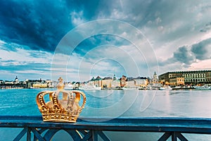 Skeppsholmsbron - Skeppsholm Bridge With Its Famous Golden Crownn Stockholm