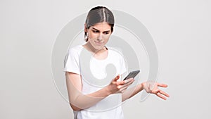 Skeptic woman portrait inappropriate offer phone