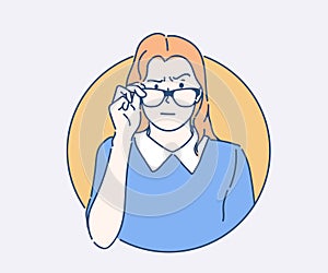 Skeptical jealous woman looking at something. Young woman wearing elegant black eyeglasses. Hand drawn in thin line style