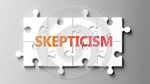 Skepticism complex like a puzzle - pictured as word skepticism on a puzzle pieces