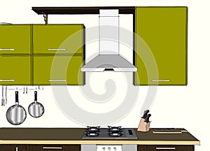 Sketch abstract drawing of fume hood and cupboards.