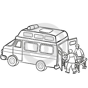 Sketch, ambulance car together with paramedics pick up a patient on a stretcher, coloring book, cartoon illustration, isolated