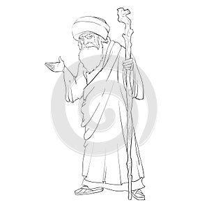 Sketch, ancient Jewish sage with a staff, coloring book, isolated object on white background, vector illustration