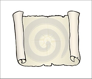 Sketch of ancient scroll, isolated on white with nautical compass on beige wavy background.