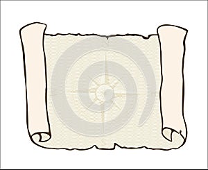 Sketch of ancient scroll, isolated on white with nautical compass on beige wavy background.