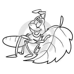 Sketch of an ant that carries leaves to in oaps, coloring pages, cartoon illustration, isolated object on a white background,