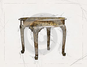 Sketch of a antique round table on stripped craft paper