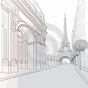 Sketch Art Architecture Draw Vector Illustration. Paris, view of old houses and the Eiffel tower. Isolated on white background.